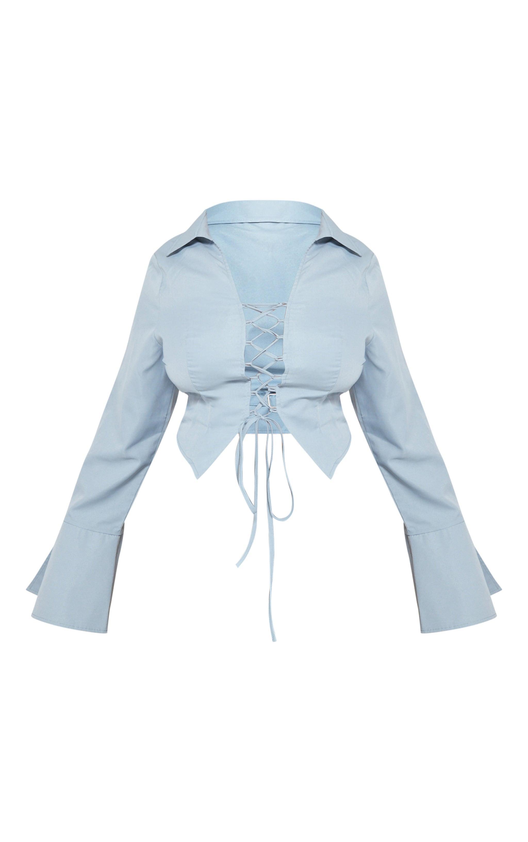 Plus Blue Flared Sleeve Lace Up Shirt Product Image