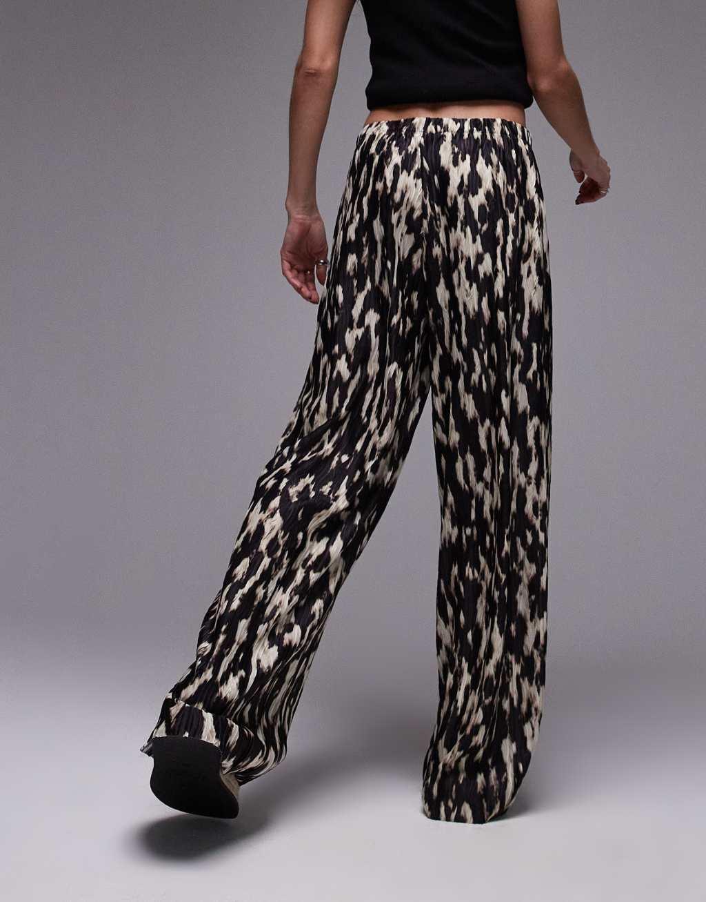 Topshop abstract leopard print plisse pants in black and white Product Image