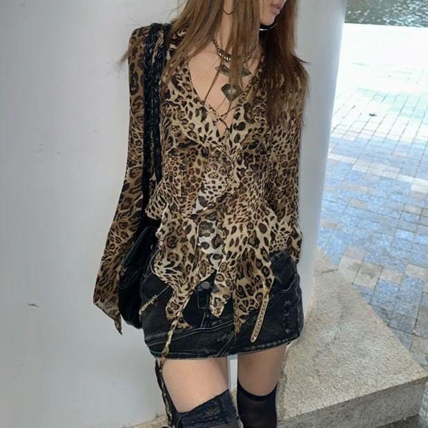 Leopard Print Long Sleeve V-Neck Button Up Shirt Product Image