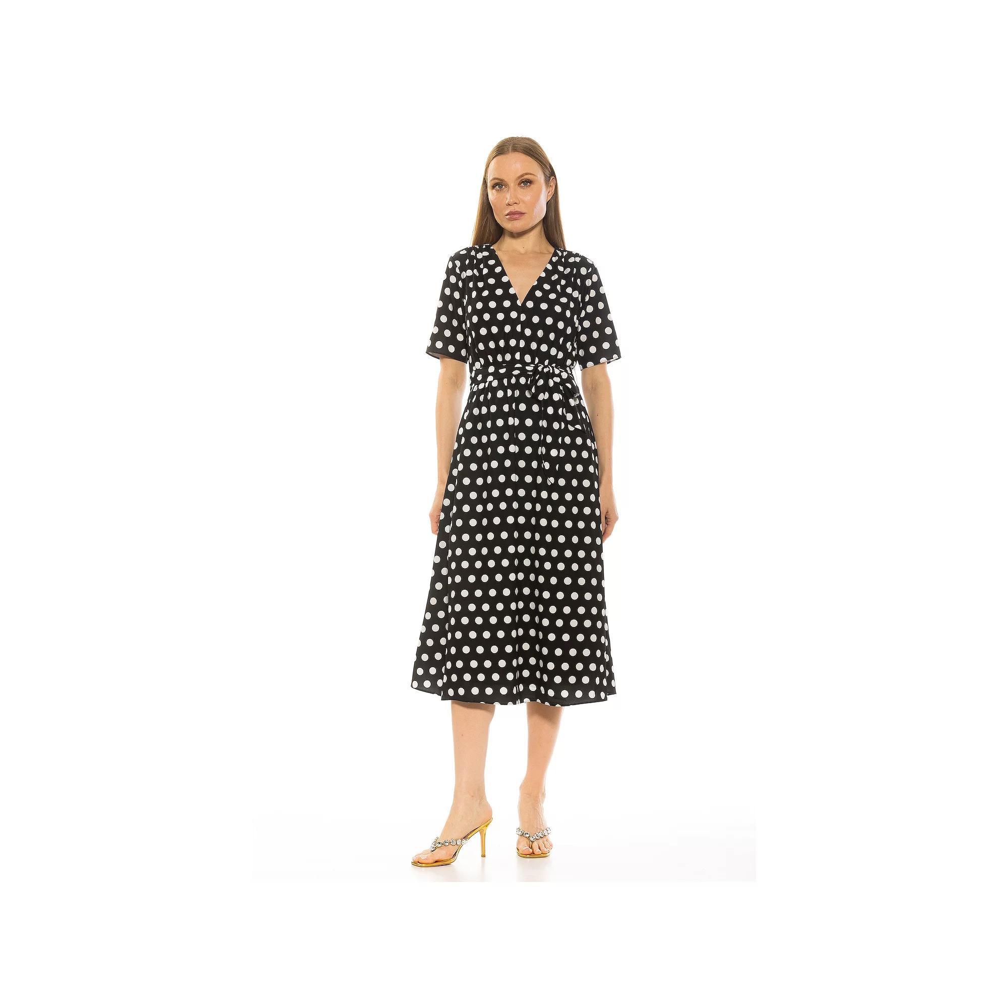 Women's ALEXIA ADMOR Larisa Fit & Flare Waist Tie Midi Dress, Size: 6, Black White Polk Dot Product Image