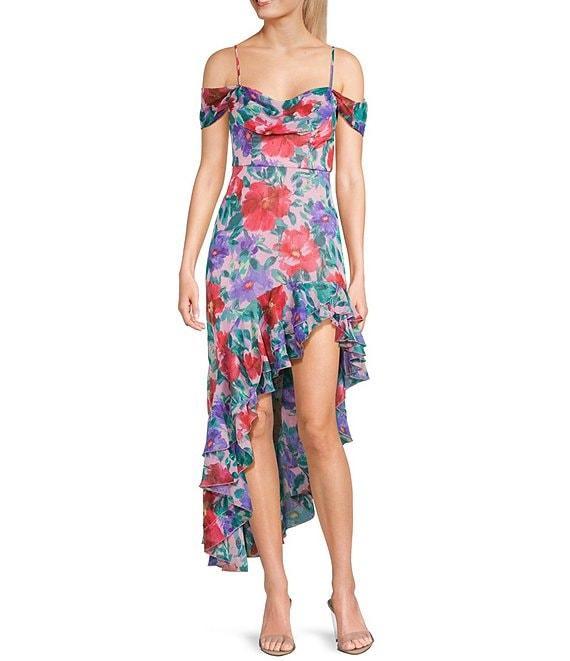 City Vibe Floral Print Drape Off The Shoulder Neck Ruffled Asymmetrical Hem Midi Dress Product Image