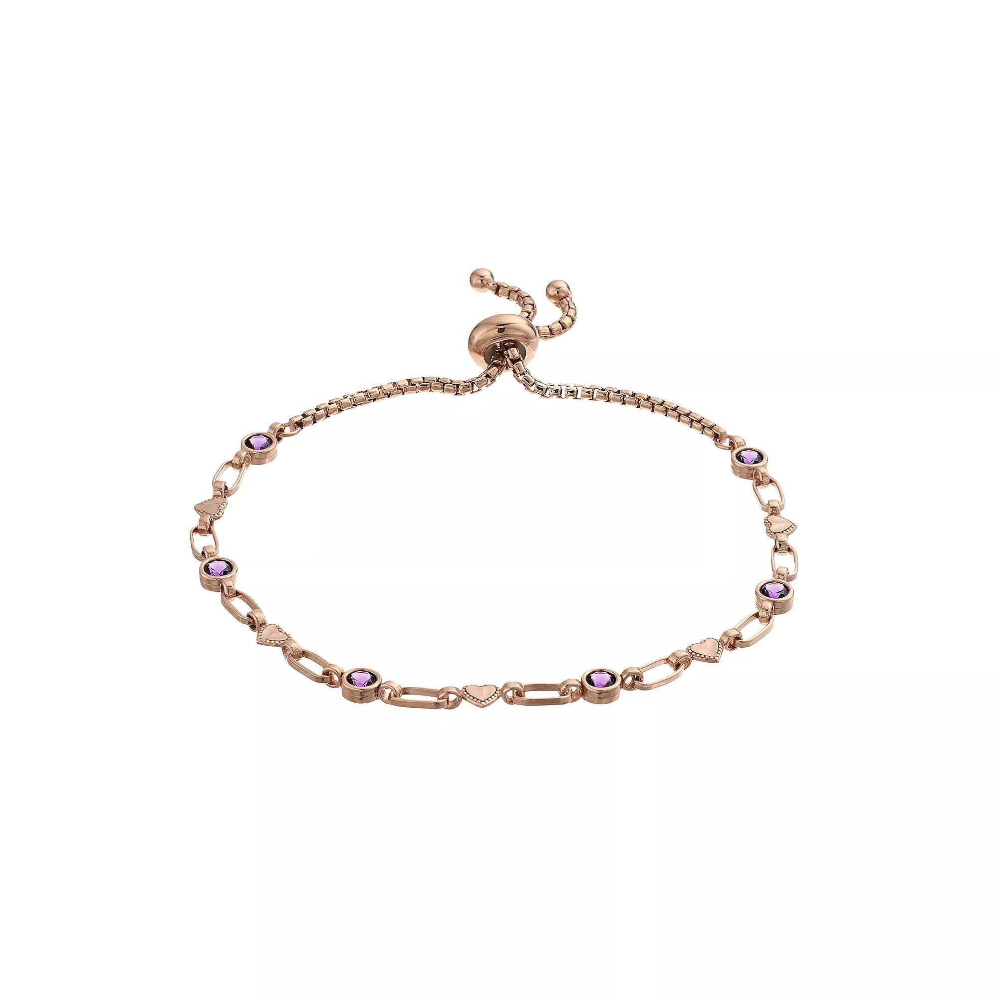Kristen Kesho Sterling Silver Lab-Created Amethyst & Heart Link Adjustable Bolo Bracelet, Women's, Size: 9.50 Product Image