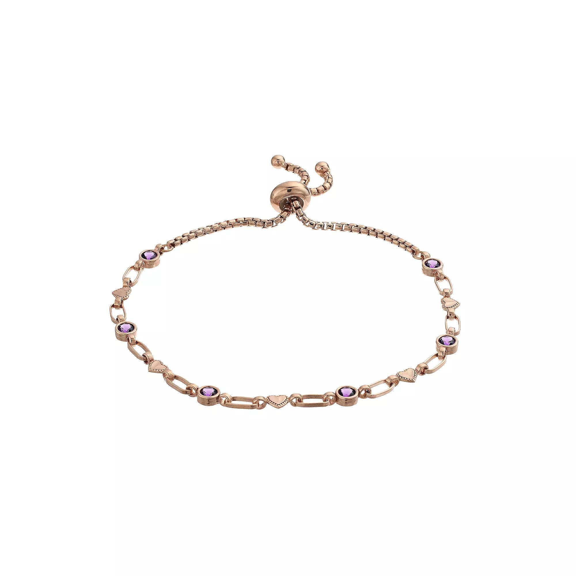 Kristen Kesho Sterling Silver Lab-Created Amethyst & Heart Link Adjustable Bolo Bracelet, Women's, Size: 9.50 Product Image