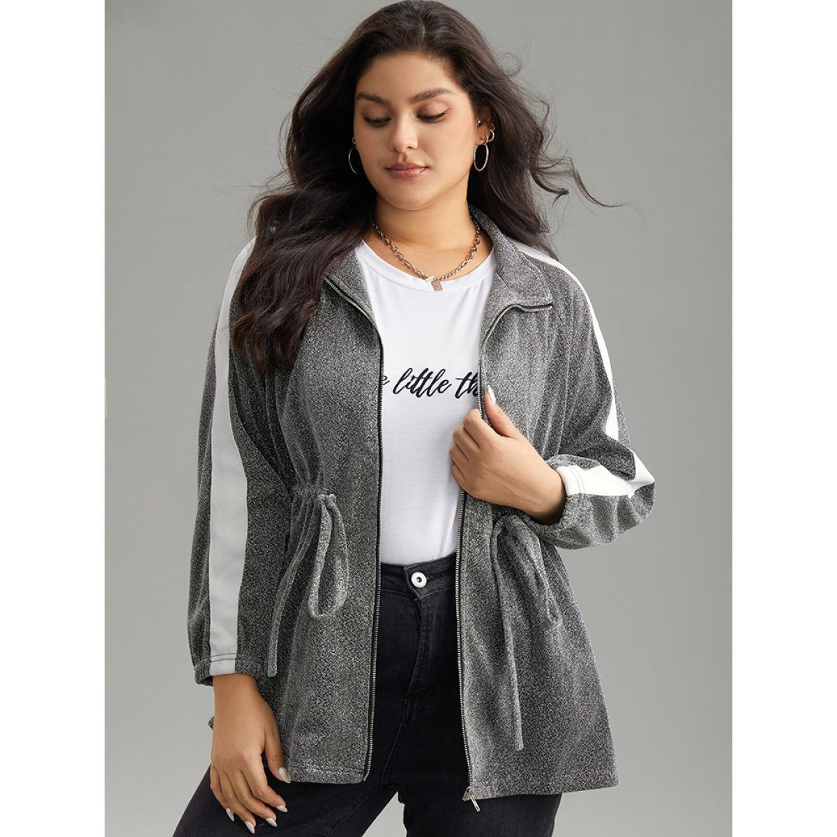 Plus Size Patchwork Contrast Trim Drawstring Zipper Jacket Women DimGray Contrast Dailywear Jackets BloomChic 28/5X Product Image