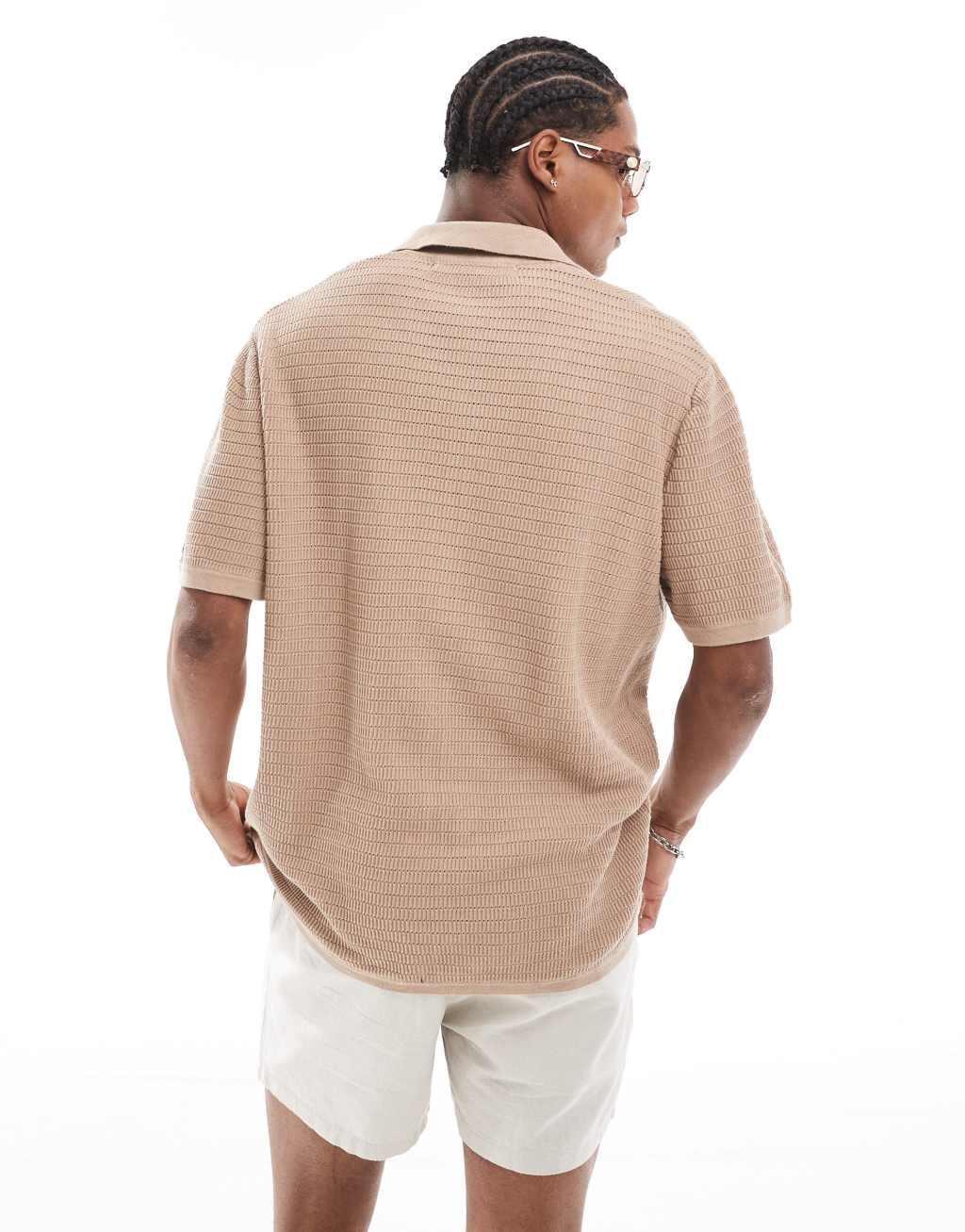 Bershka button through knit shirt in sand Product Image