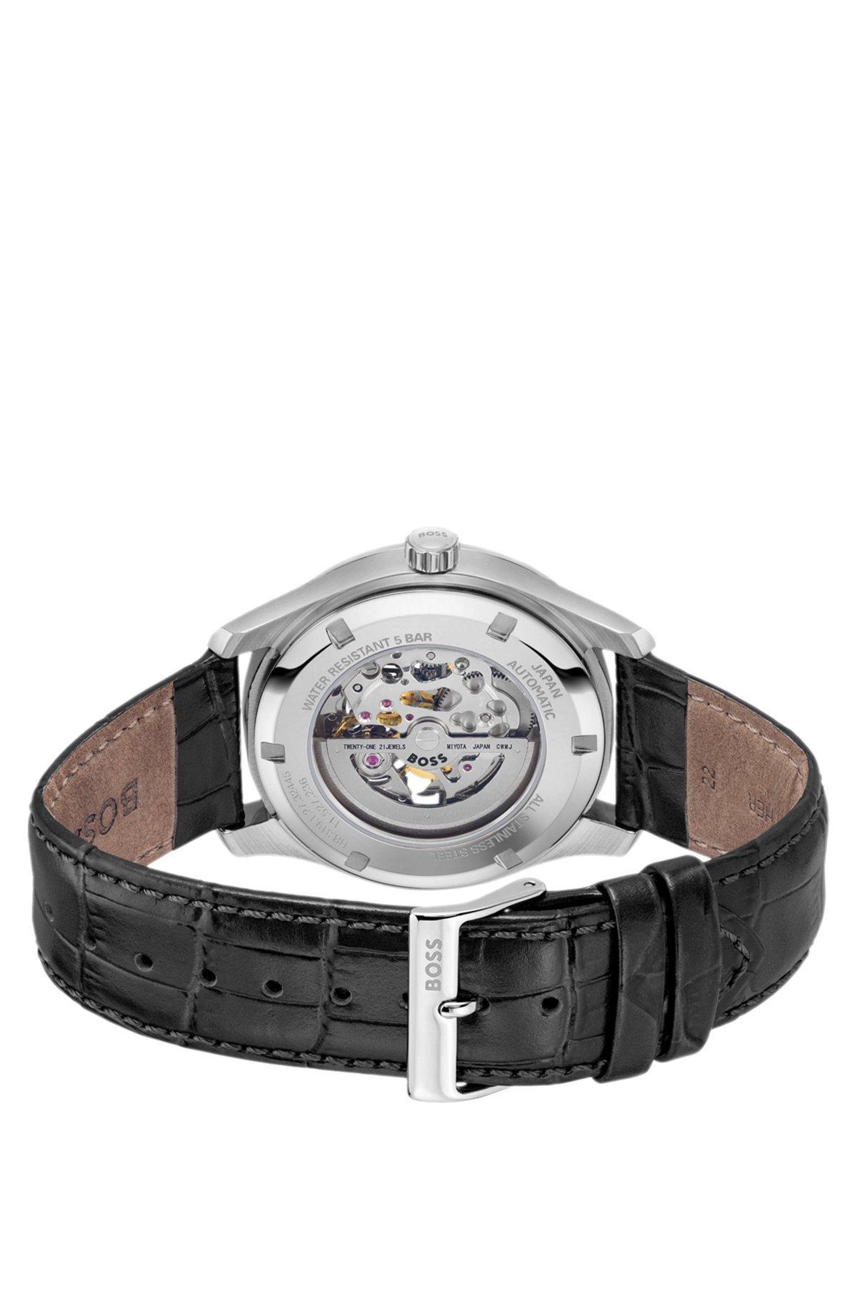 BOSS - Leather-strap watch with skeleton Japanese automatic movement Product Image