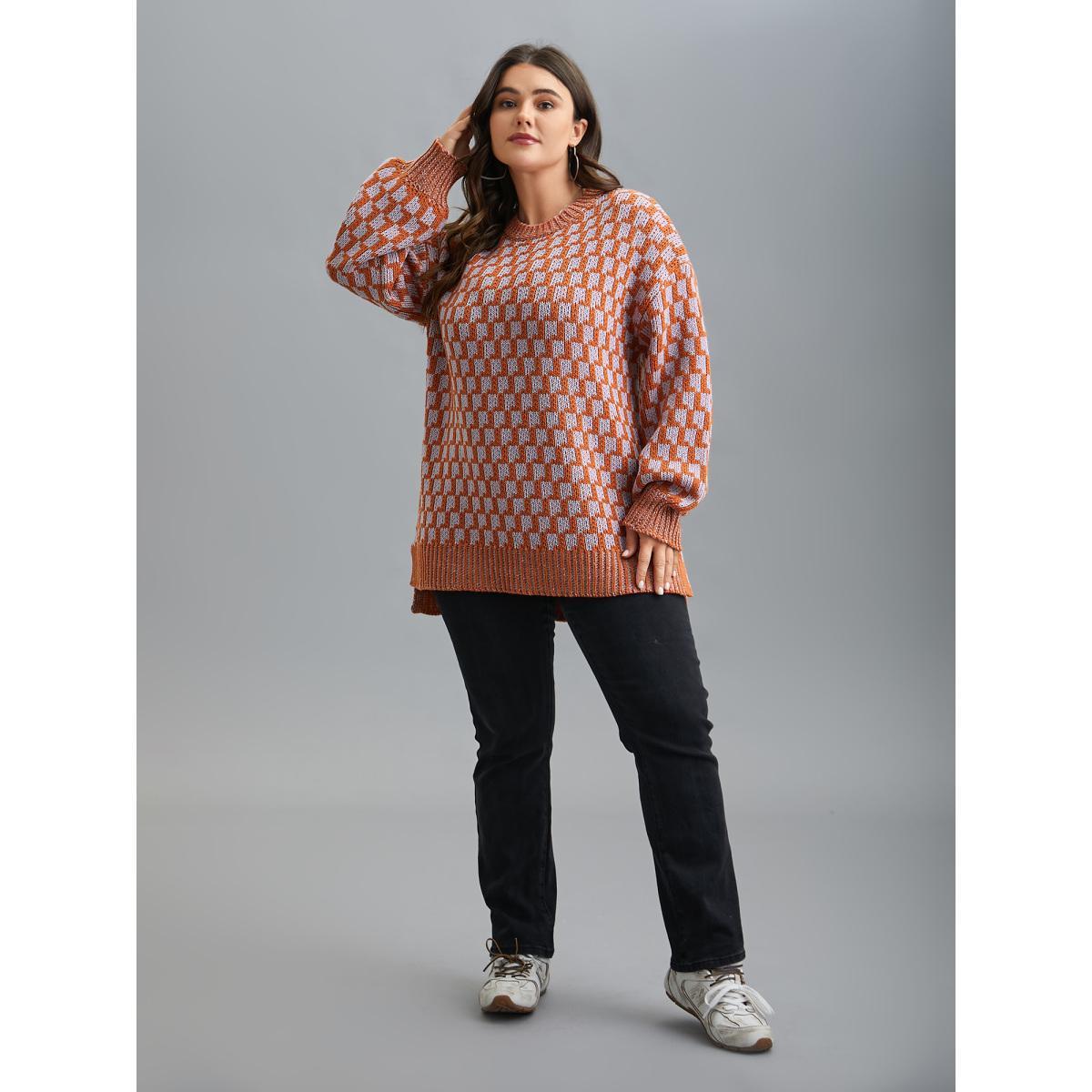 Plus Size Textured Color Contrast Side-Slit Pullover Brightorange Women Casual Loose Long Sleeve Round Neck Everyday Pullovers BloomChic 22-24/3X Product Image