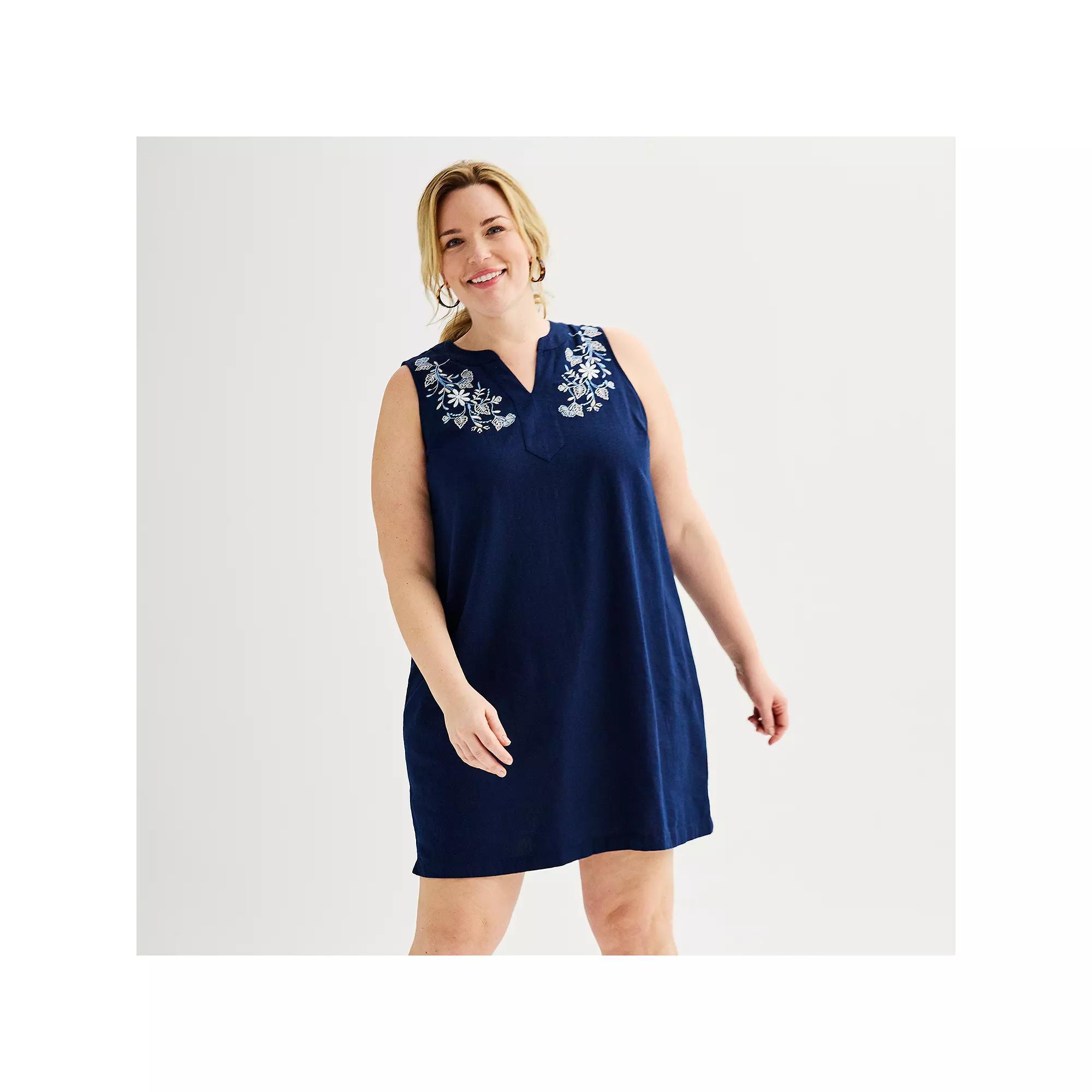 Plus Size Croft & Barrow® Embroidered Split Neck Dress, Women's, Size: 5XL, Seattle Blue Product Image