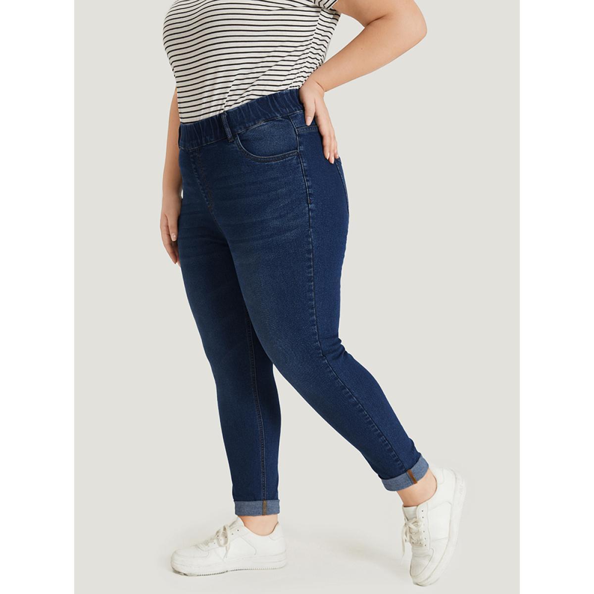 Plus Size Plain Elastic Waist Medium Wash Roll Hem Jeans Women DarkBlue Casual Plain Plain High stretch Pocket Jeans BloomChic 14/1X Product Image
