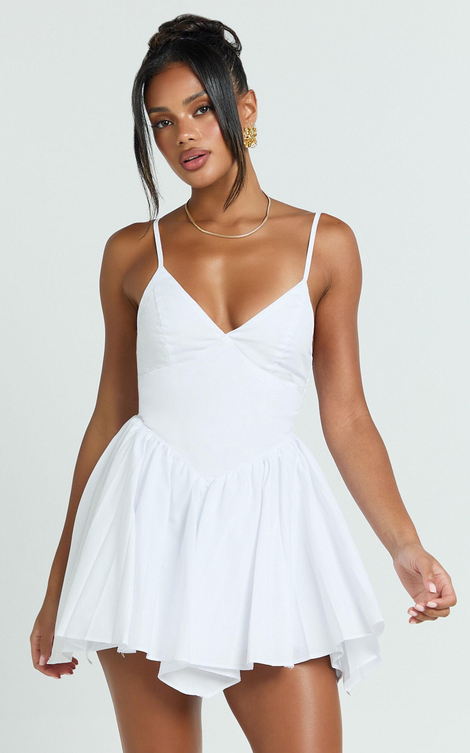 Julie Mini Dress - V Neck Drop V Waist Pleated Dress in White Product Image