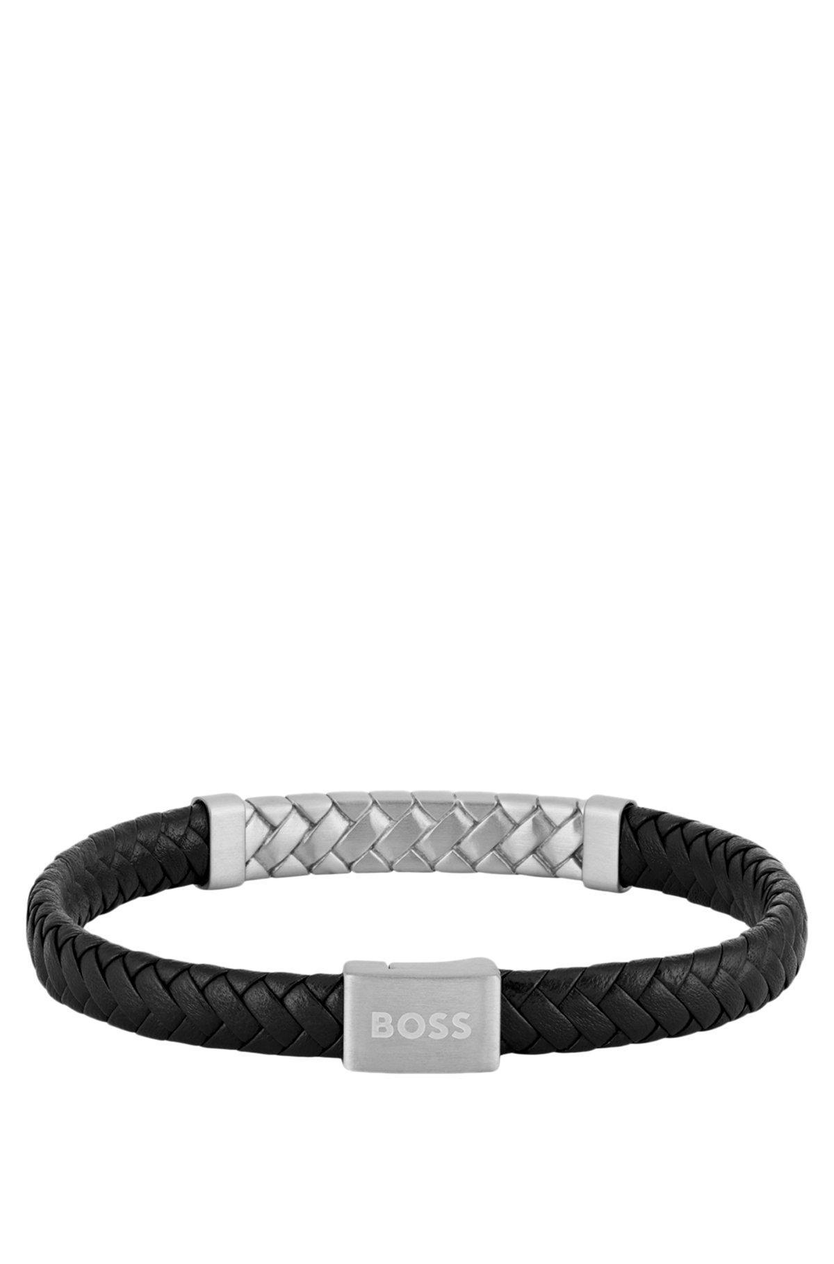Black braided-leather cuff with herringbone hardware Product Image