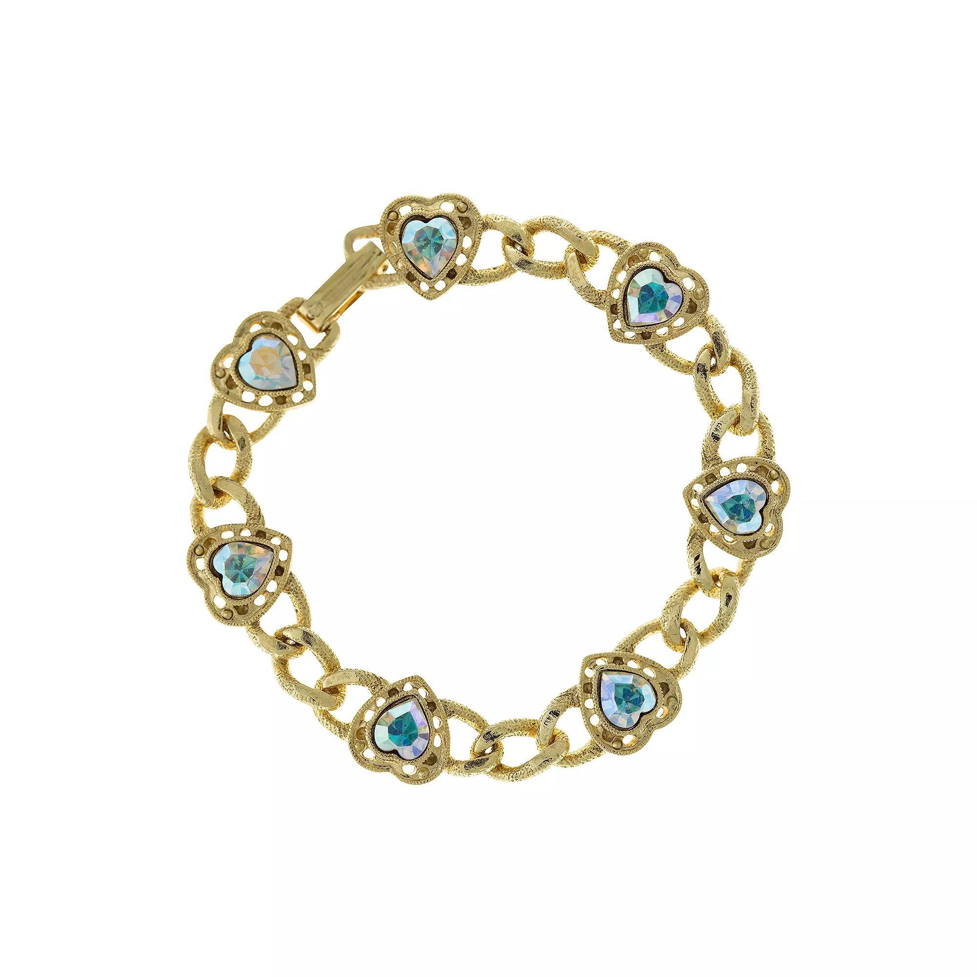 1928 Gold Tone Simulated Crystal Heart Chain Bracelet, Womens, Blue Product Image