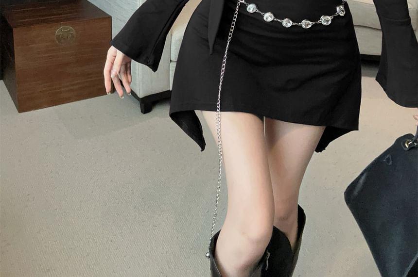 Long-Sleeve Off Shoulder Plain Mini Bodycon Dress Product Image