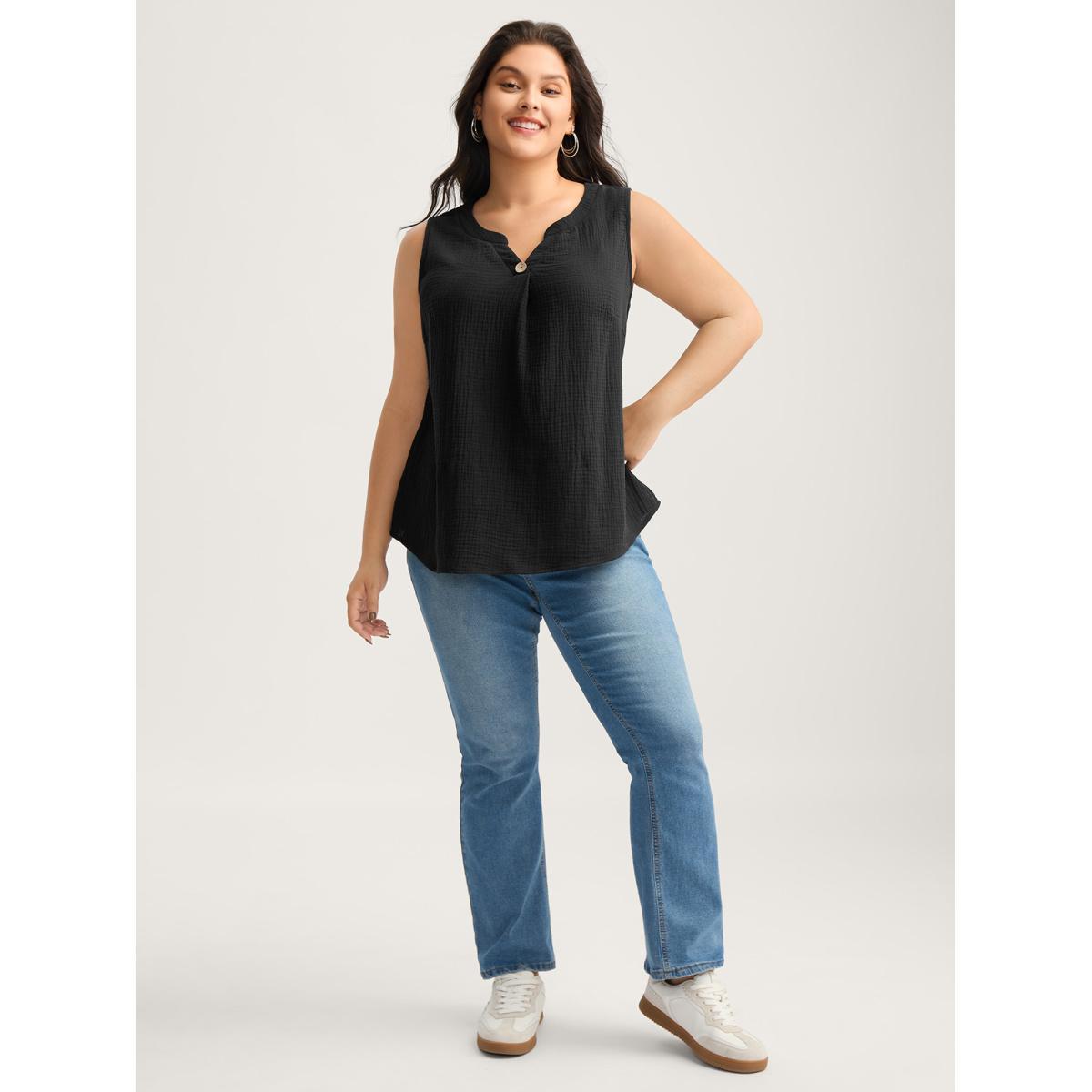 Plus Size Cotton Button Front Solid Tank Top Women Black Texture Flat collar with V-notch Everyday-Casual Tank Tops Camis BloomChic 14-16/1X Product Image