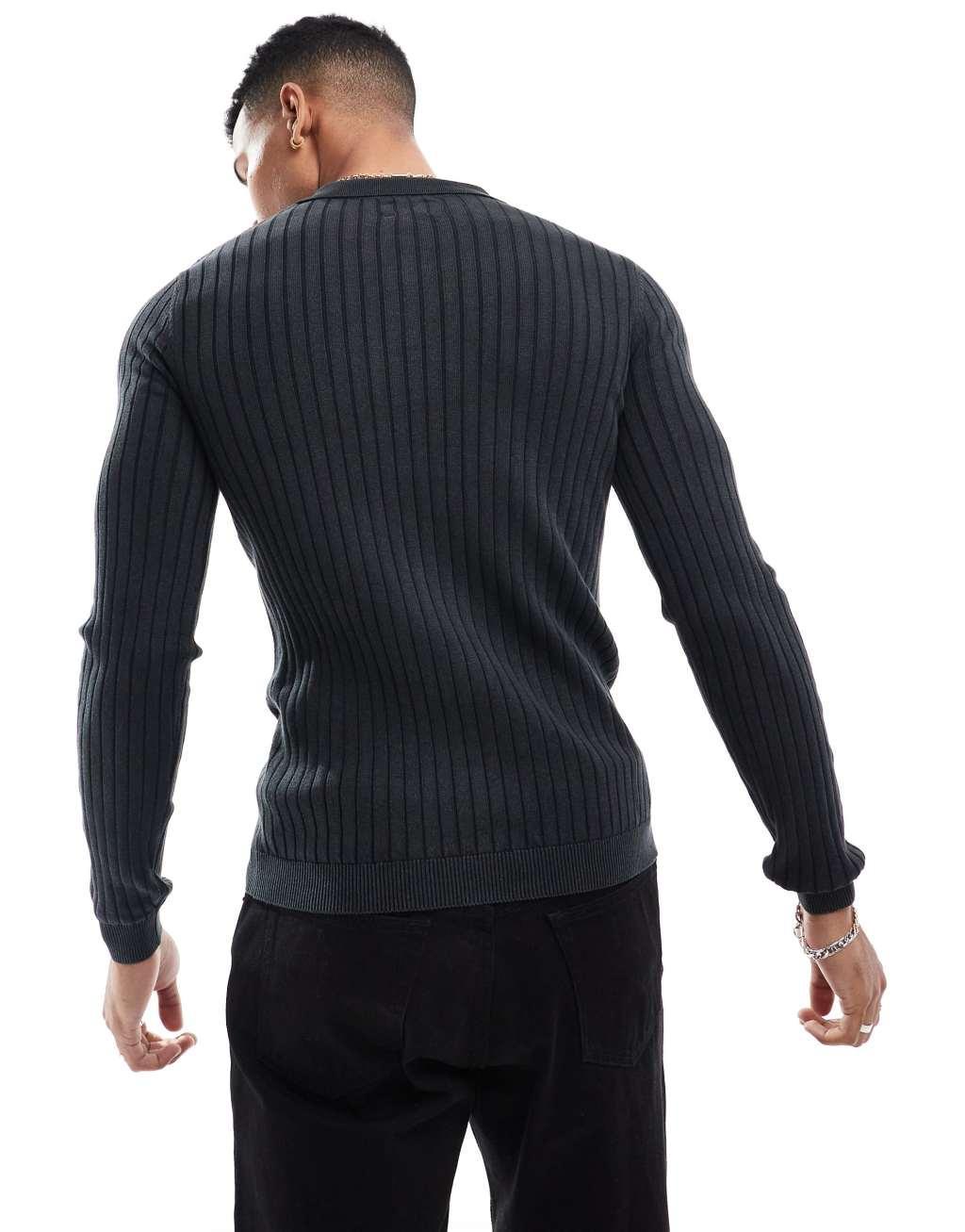 ASOS DESIGN muscle fit washed knitted polo in black rib Product Image