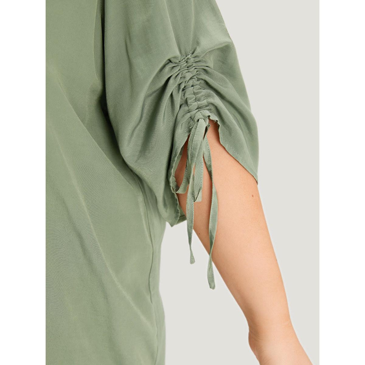 Plus Size Mint Supersoft Essentials Plain Notched Pleated Drawstring Blouse Women Office Half Sleeve Notched collar Work Blouses BloomChic 10/M Product Image