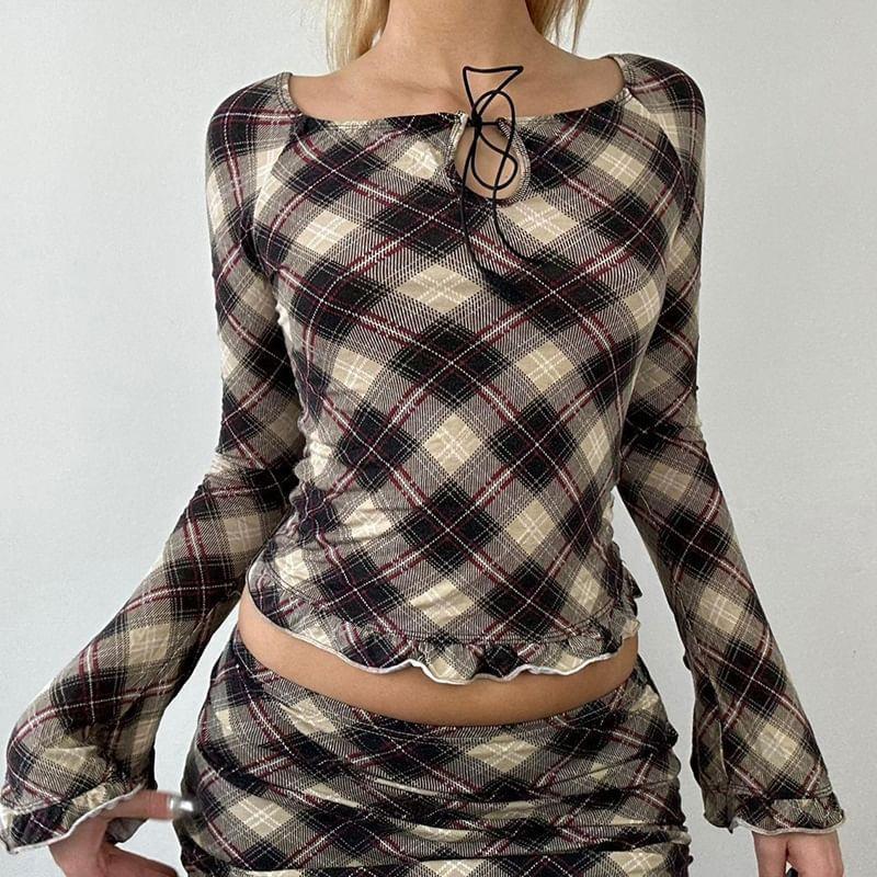 Long Sleeve Boat Neck Plaid Tie Front Top Product Image