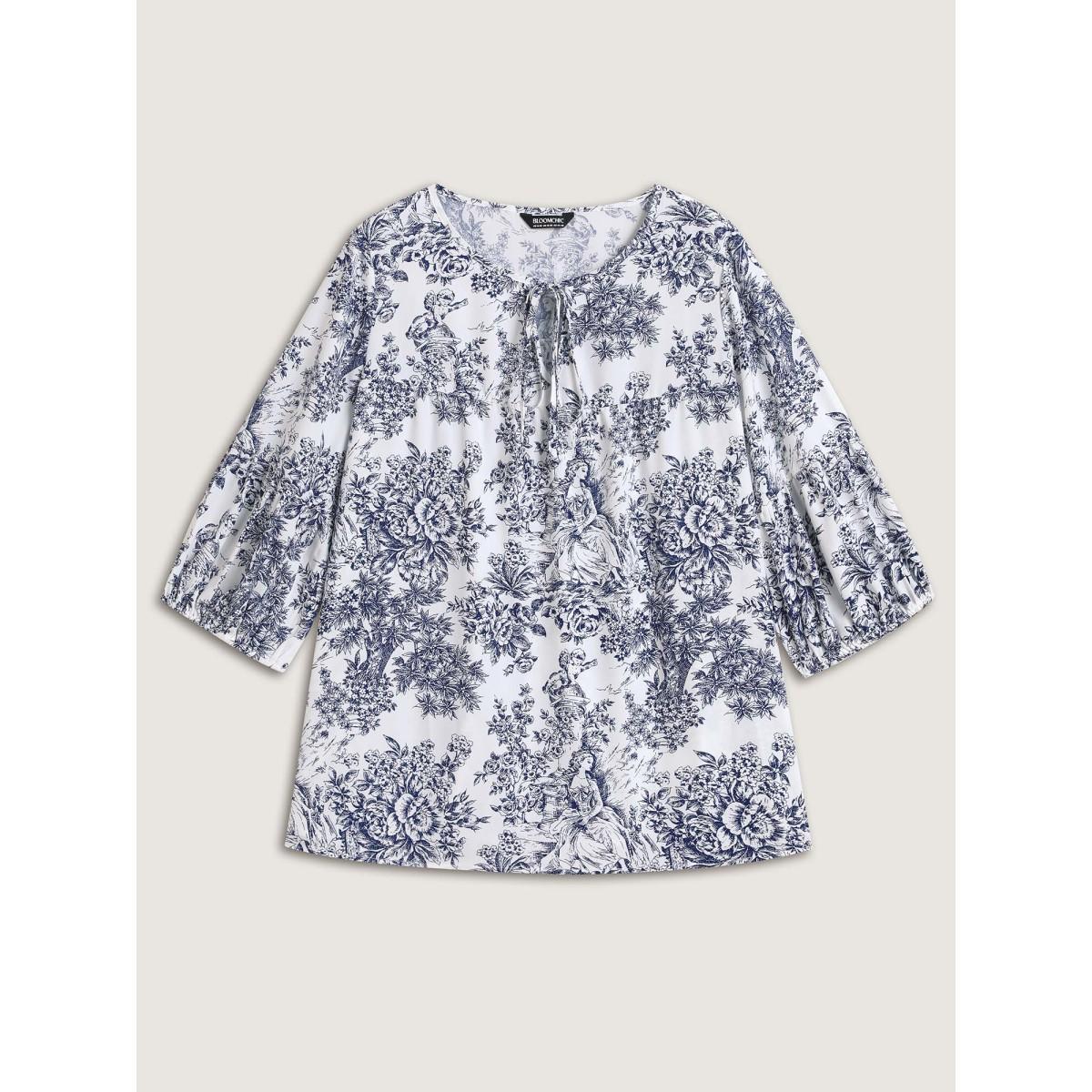 Plus Size DarkBlue Artistic Print A-Line Blouse Women Elbow-length sleeve V-neck Everyday-Elegant Blouses BloomChic 30/6X Product Image