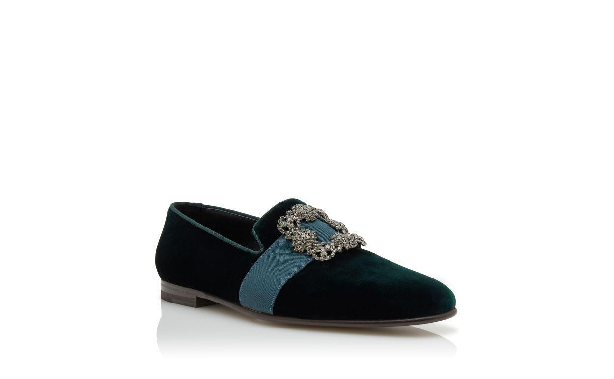 CARLTON Green Velvet Jewel Buckle Loafers Product Image