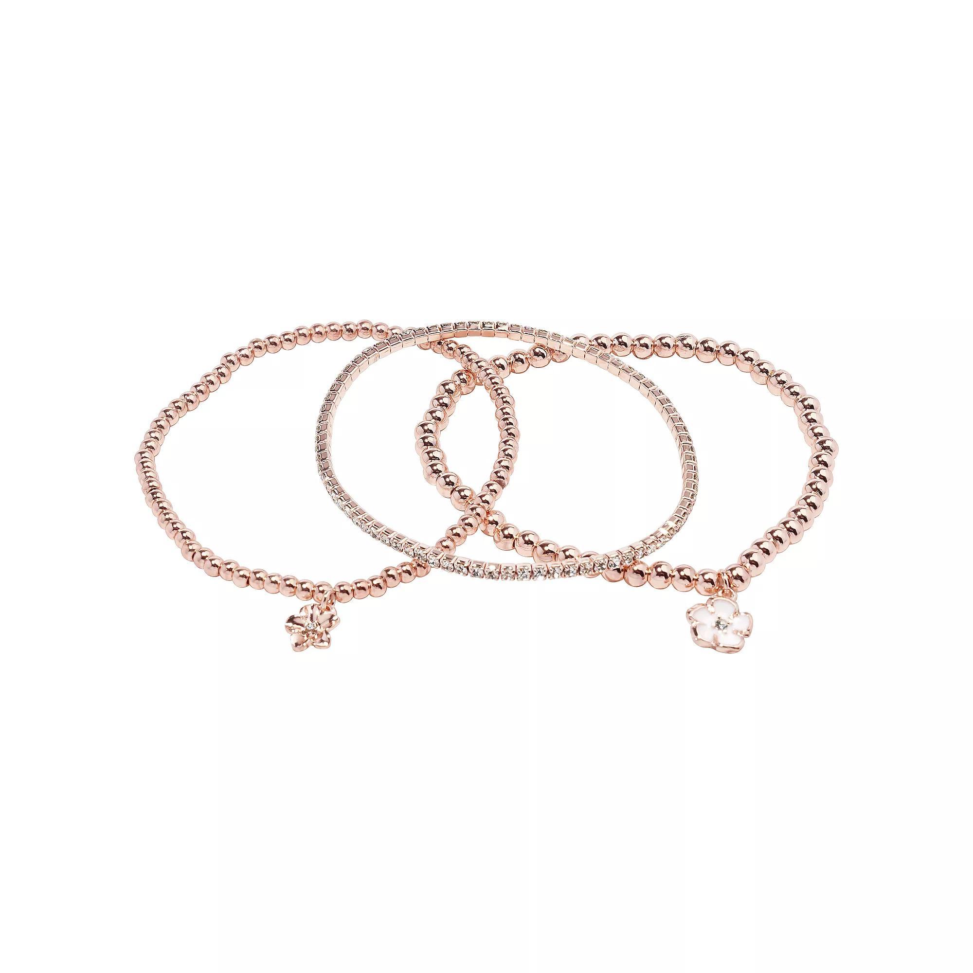 LC Lauren Conrad Rose Gold Tone 3-Pack Flower Charms Bracelet Set, Women's, White Product Image