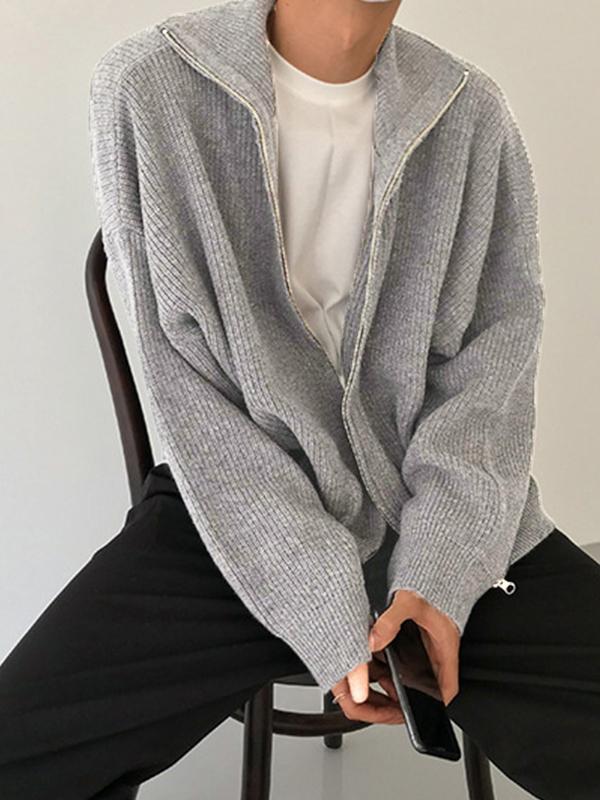 Men's Solid Color Zipper Cardigan Sweater Product Image