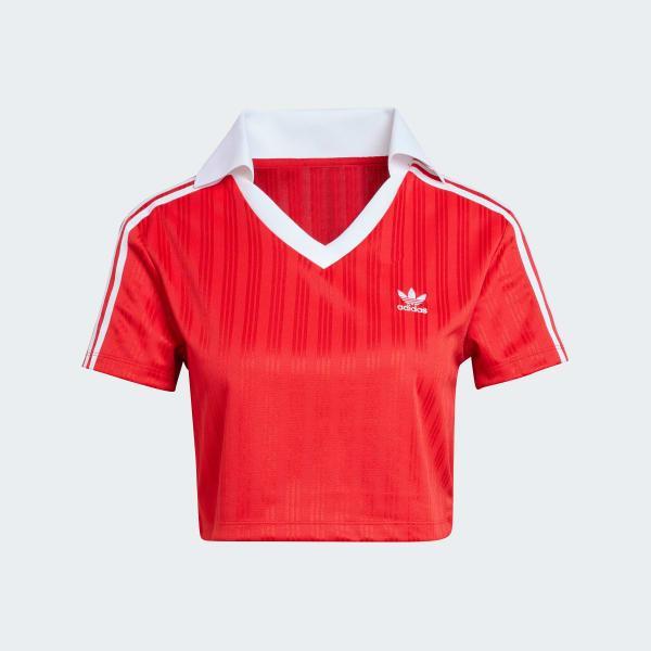 adidas Adicolor Football Jacquard V-Neck Crop Polo Shirt White XL Womens Product Image