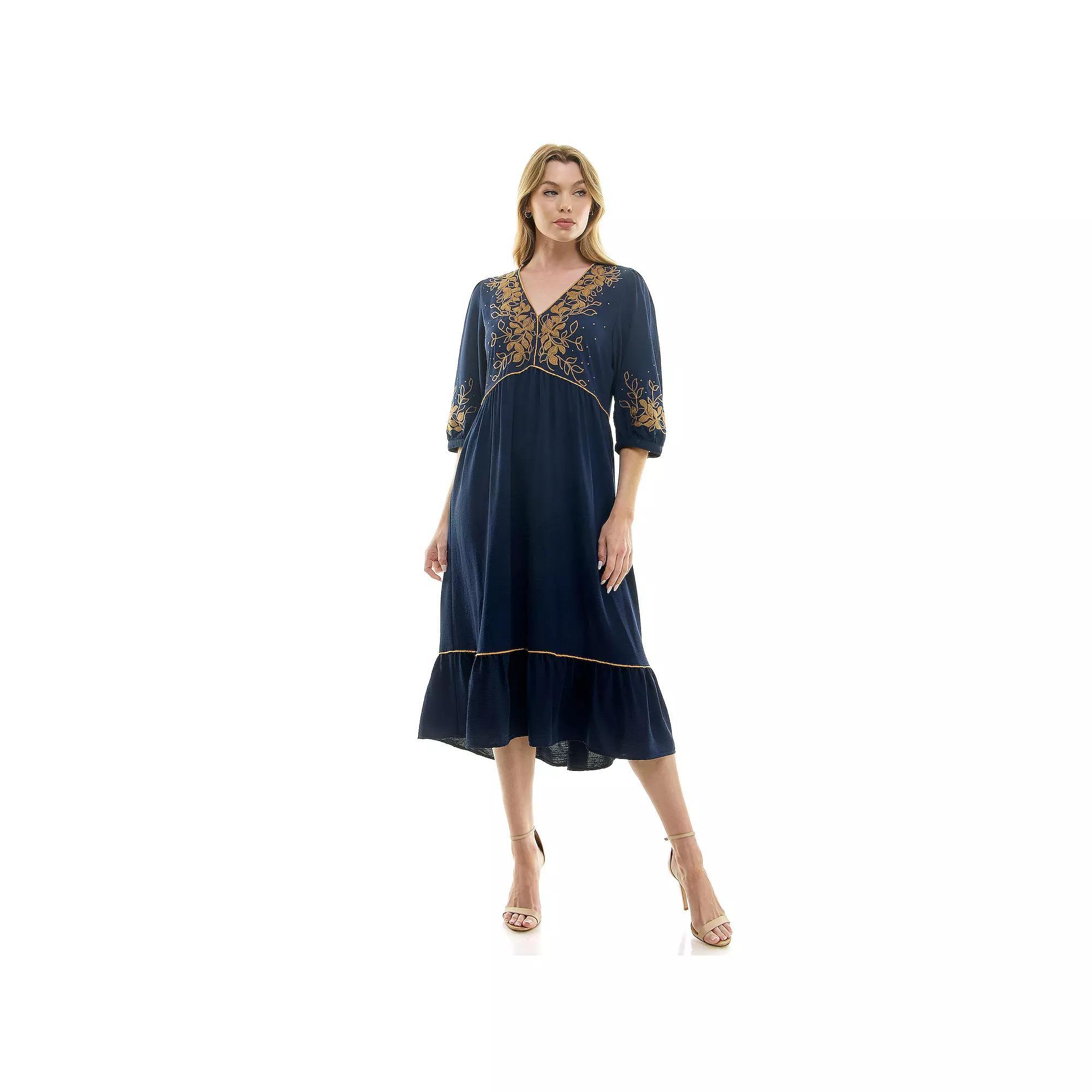 Women's Figueroa & Flower Elbow Sleeve Embroidered Peasant Dress, Size: Medium, Black Product Image