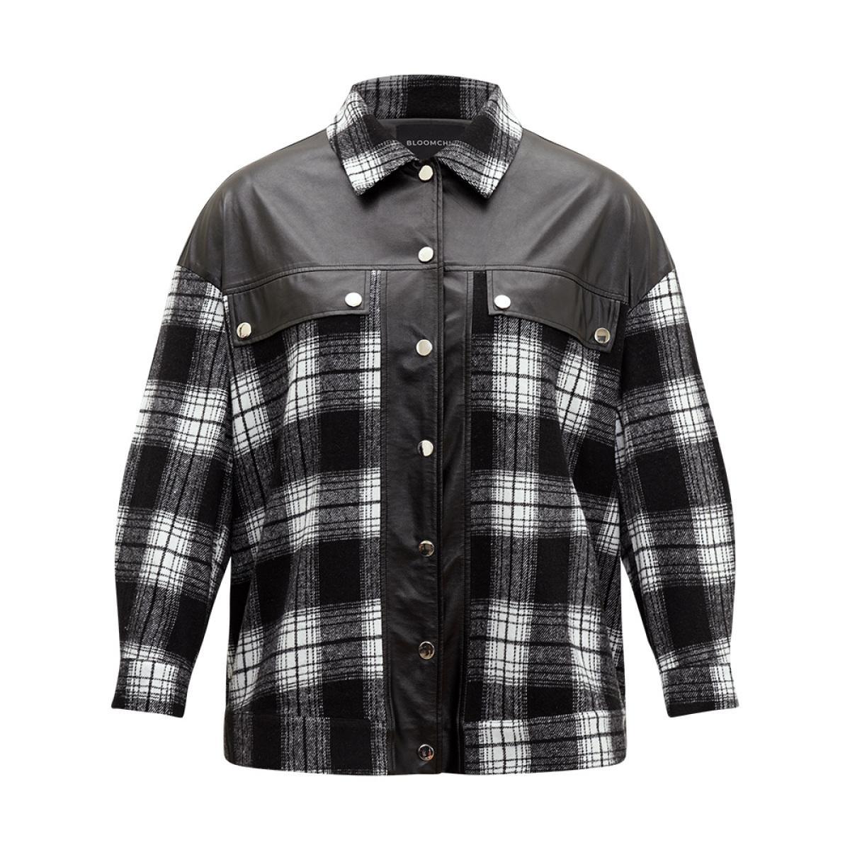 Plus Size Plaid Patchwork Contrast Button Up Shacket Women Black Contrast Pocket Dailywear Jackets BloomChic 12/L Product Image