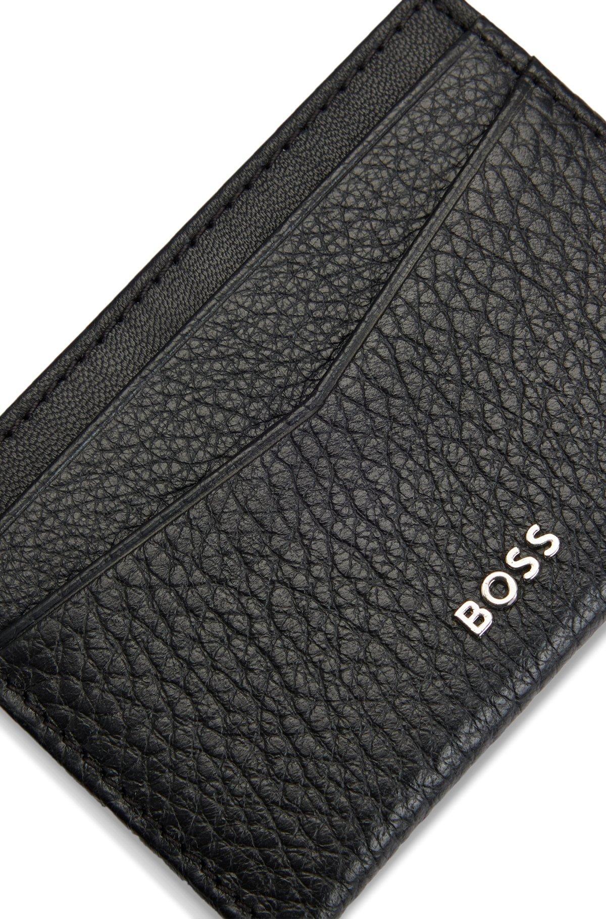 BOSS - Card holder in grained leather with metallic logo lettering - Black Product Image