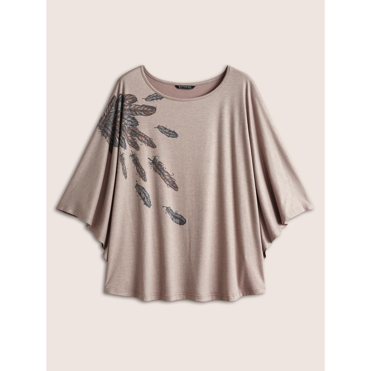 Plus Size Feather Print Batwing Sleeve T-shirt Champagne Women Casual Non Feather Round Neck Everyday T-shirts BloomChic 14-16/1X Product Image
