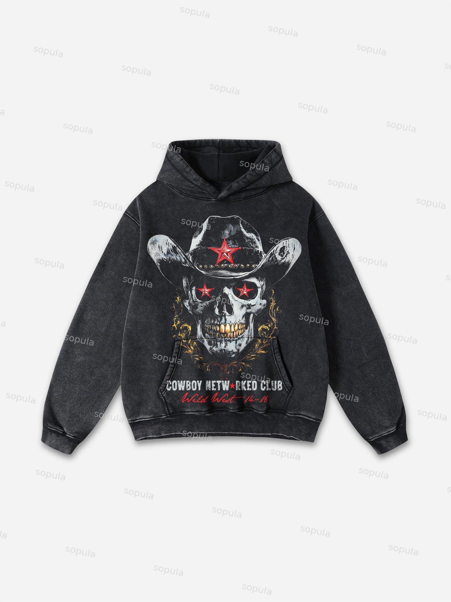 Men's Vintage Wild West Skull Graphic Washed Hoodie Product Image