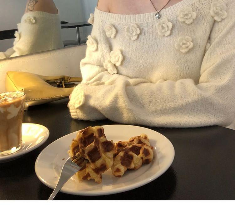 One Shoulder Plain Crochet Floral Sweater Product Image