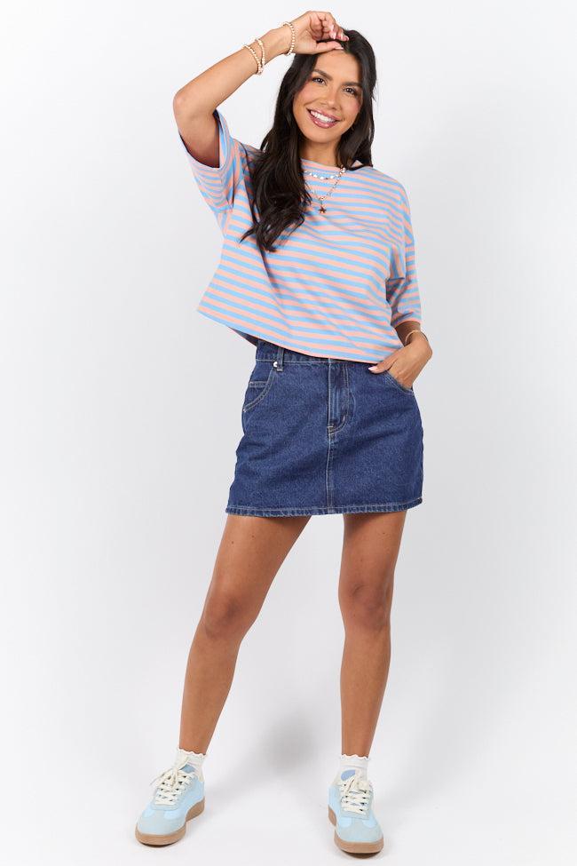 Keep It Casual Blue and Coral Multi Boxy Striped Tee SALE Product Image