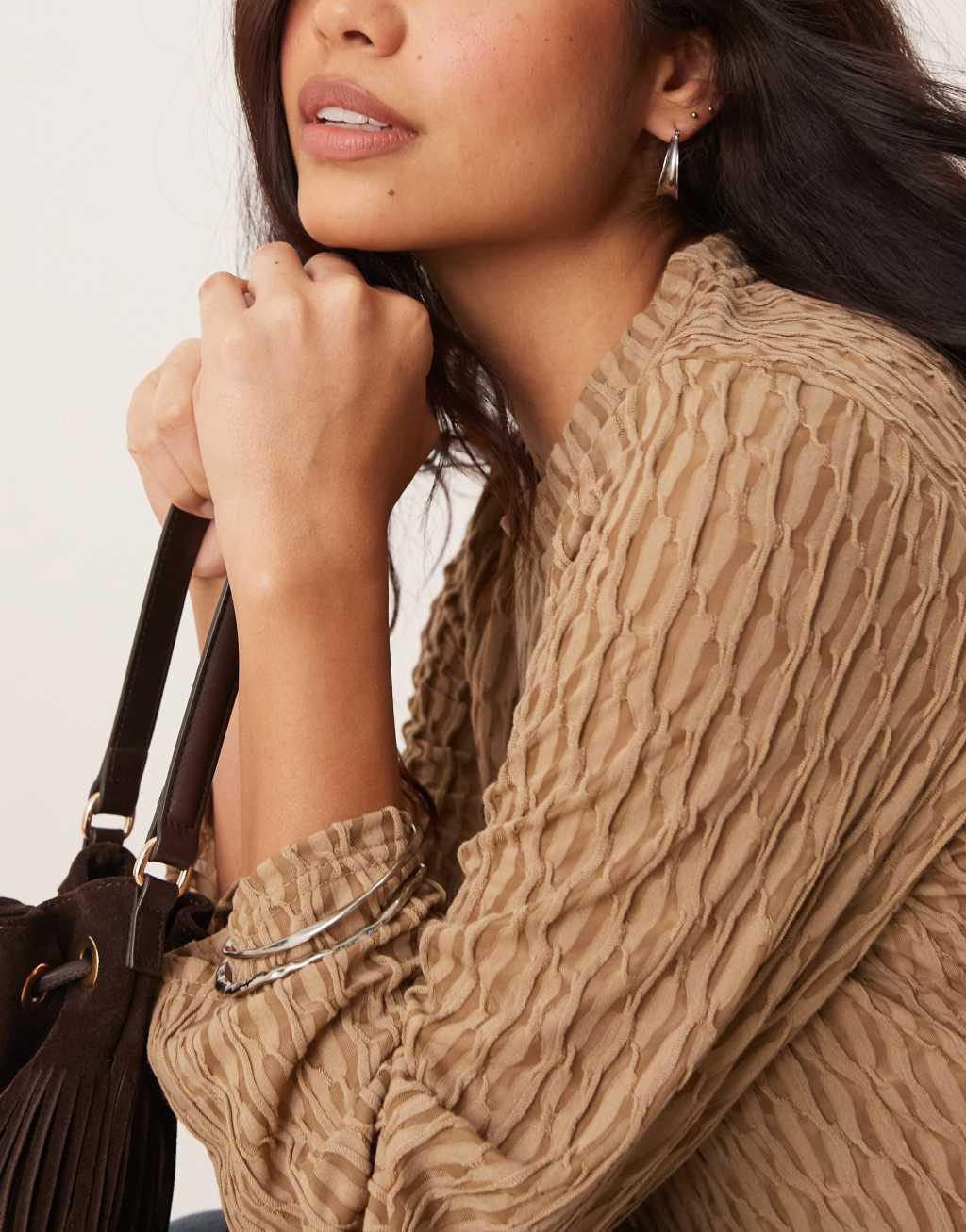 VILA long sleeve textured top in gold yellow Product Image