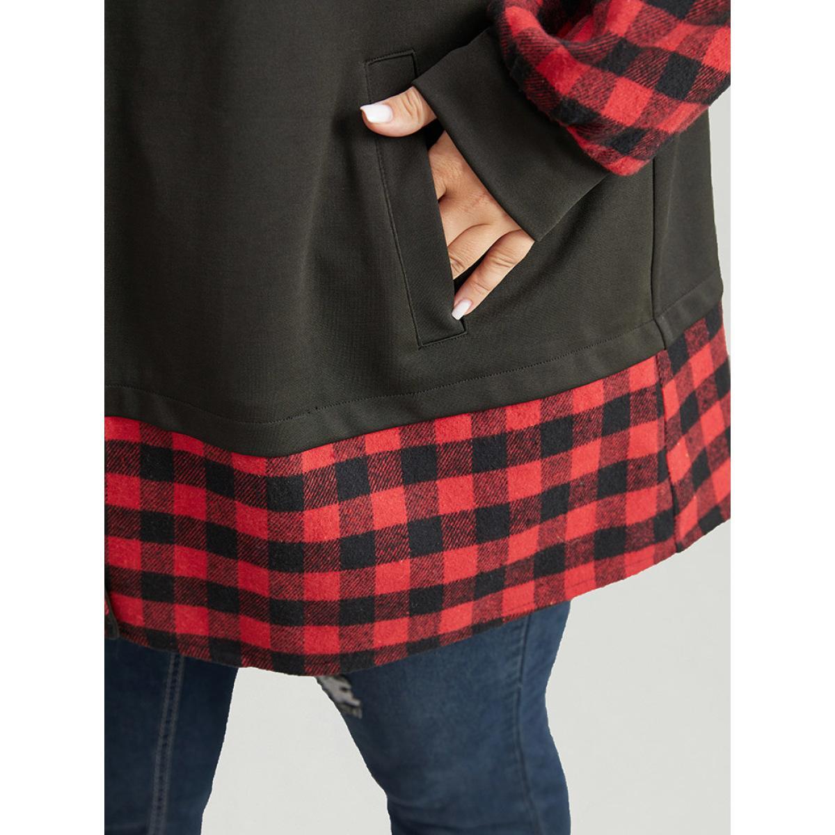 Plus Size Gingham Patchwork Hooded Zipper Contrast Coat Women Red Contrast Pocket Dailywear Jackets BloomChic 12/L Product Image