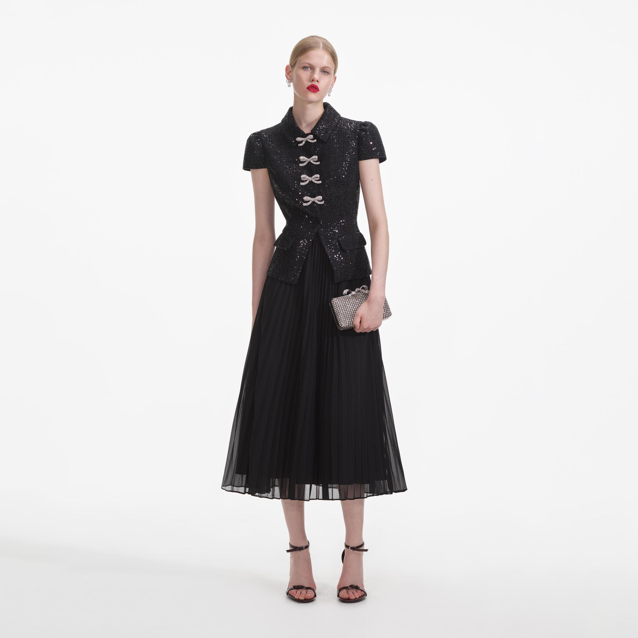 Black Boucle Bow Midi Dress Product Image