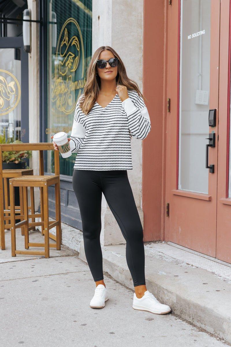 Cream Stripe Collared V Neck Sweater - FINAL SALE Product Image