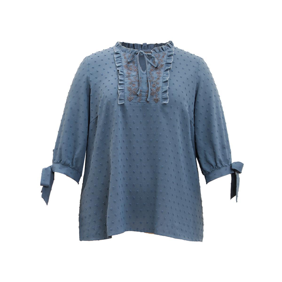 Plus Size Stone Textured Embroidered Frill Trim Tie Neck Blouse Women Vacation Long Sleeve Tie Neck Dailywear Blouses BloomChic 10/M Product Image