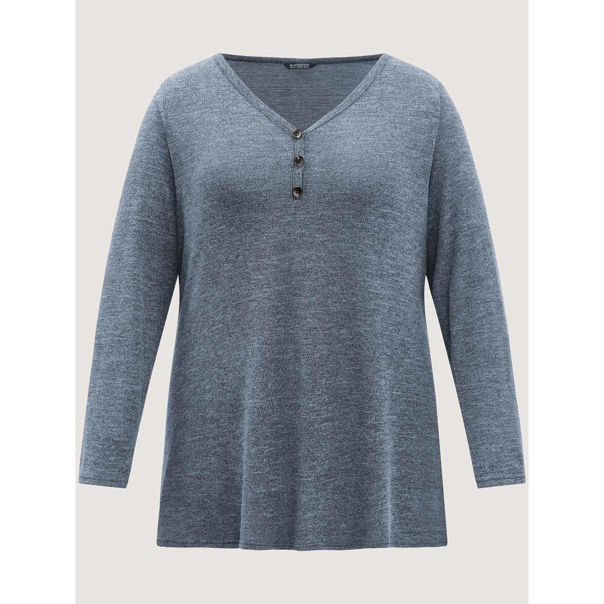 Plus Size Heather Button Up Long Sleeve T-shirt Cerulean Women Casual Heather Plain Everyday T-shirts BloomChic 10/M Product Image
