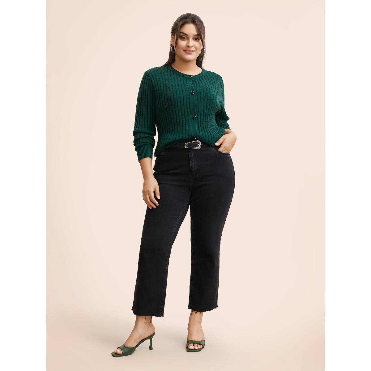 Plus Size Supersoft Essentials Textured Round Neck Slim Cardigan DarkGreen Women Elegant Bodycon Long Sleeve Everyday Cardigans BloomChic 30/6X Product Image