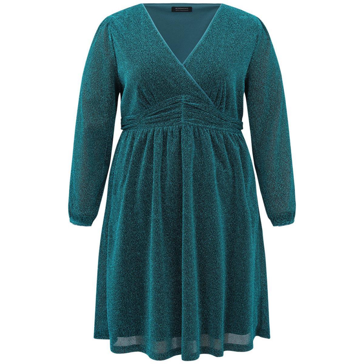 Plus Size Glitter Overlap Collar Pocket Ruched Dress Teal Women Elegant Elastic cuffs V-neck Long Sleeve Curvy Midi Dress BloomChic 10/M Product Image