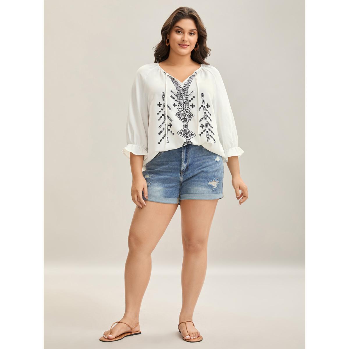 Plus Size Originalwhite Boho Print Neck Tassels Shirt Women Resort Elbow-length sleeve Notched collar Vacation Blouses BloomChic 14-16/1X Product Image