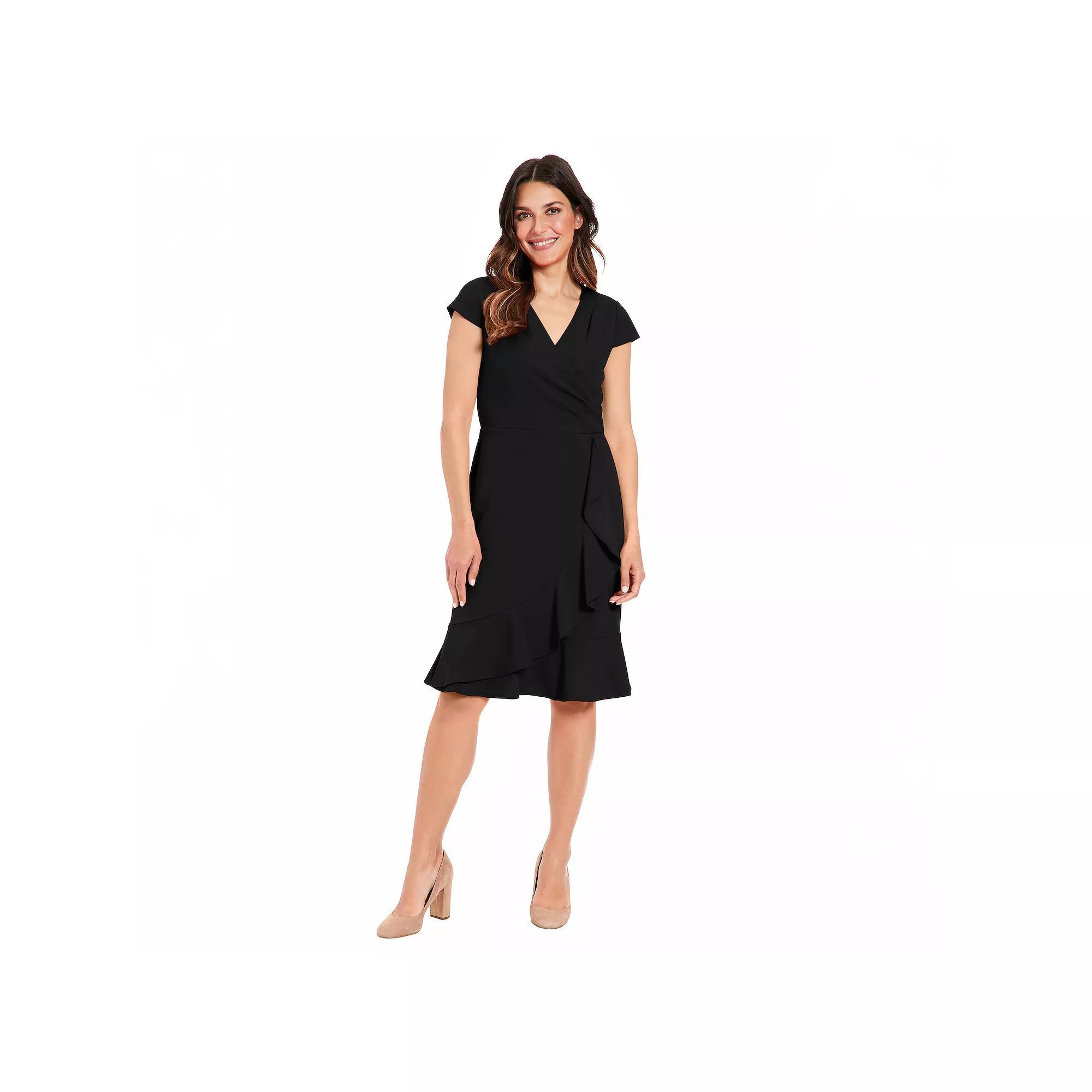 Women's London Times Short Sleeve Ruffle Wrap Dress, Size: 4, Black Product Image