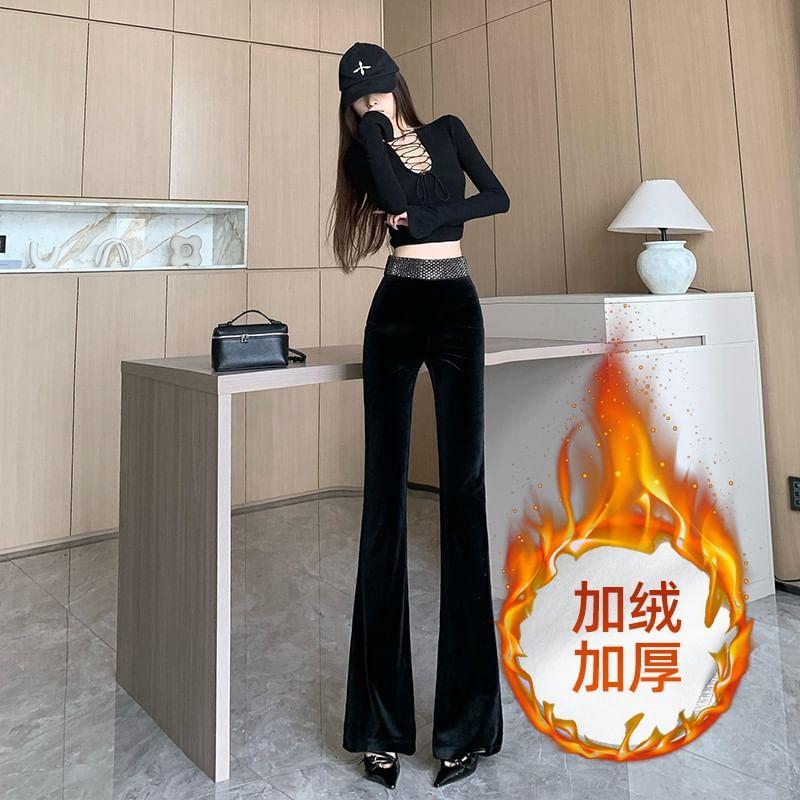 High Rise Plain Studded Flared Pants Product Image