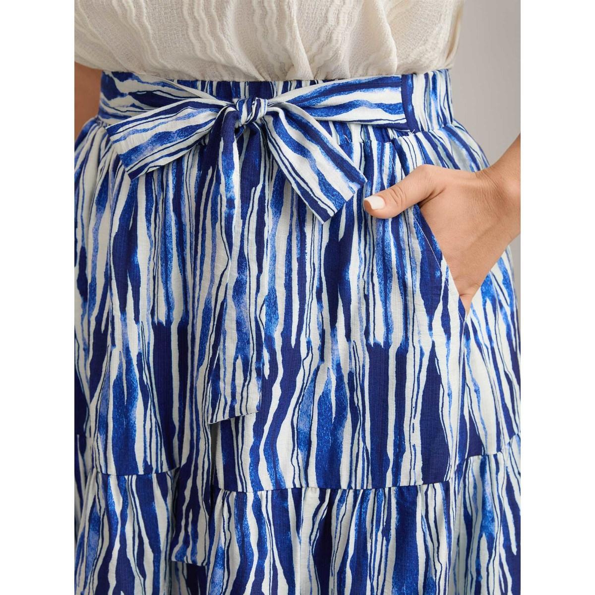 Plus Size Nautical Stripes Belted Tiered Maxi Skirt Women Navy Loose No stretch Side seam pocket Belt Vacation Skirts BloomChic 18-20/2X Product Image