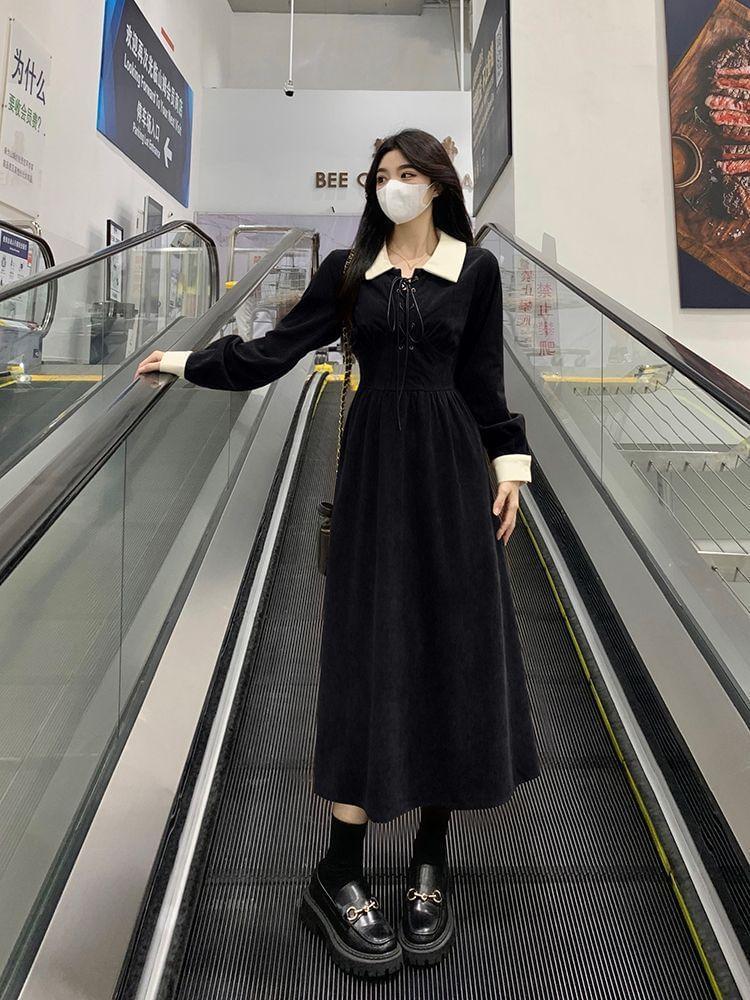 Long-Sleeve Collar Two Tone Lace-Up Midi A-Line Dress Product Image
