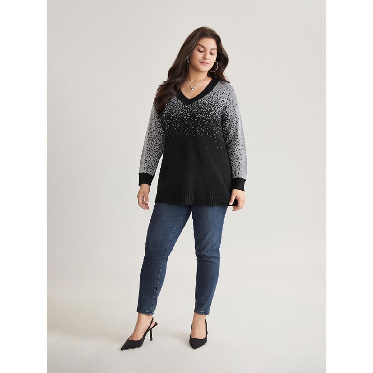 Plus Size Ombre Contrast Luxe V Neck Knit Pullover Black Women Casual Loose Long Sleeve V-neck Dailywear Pullovers BloomChic 30/6X Product Image