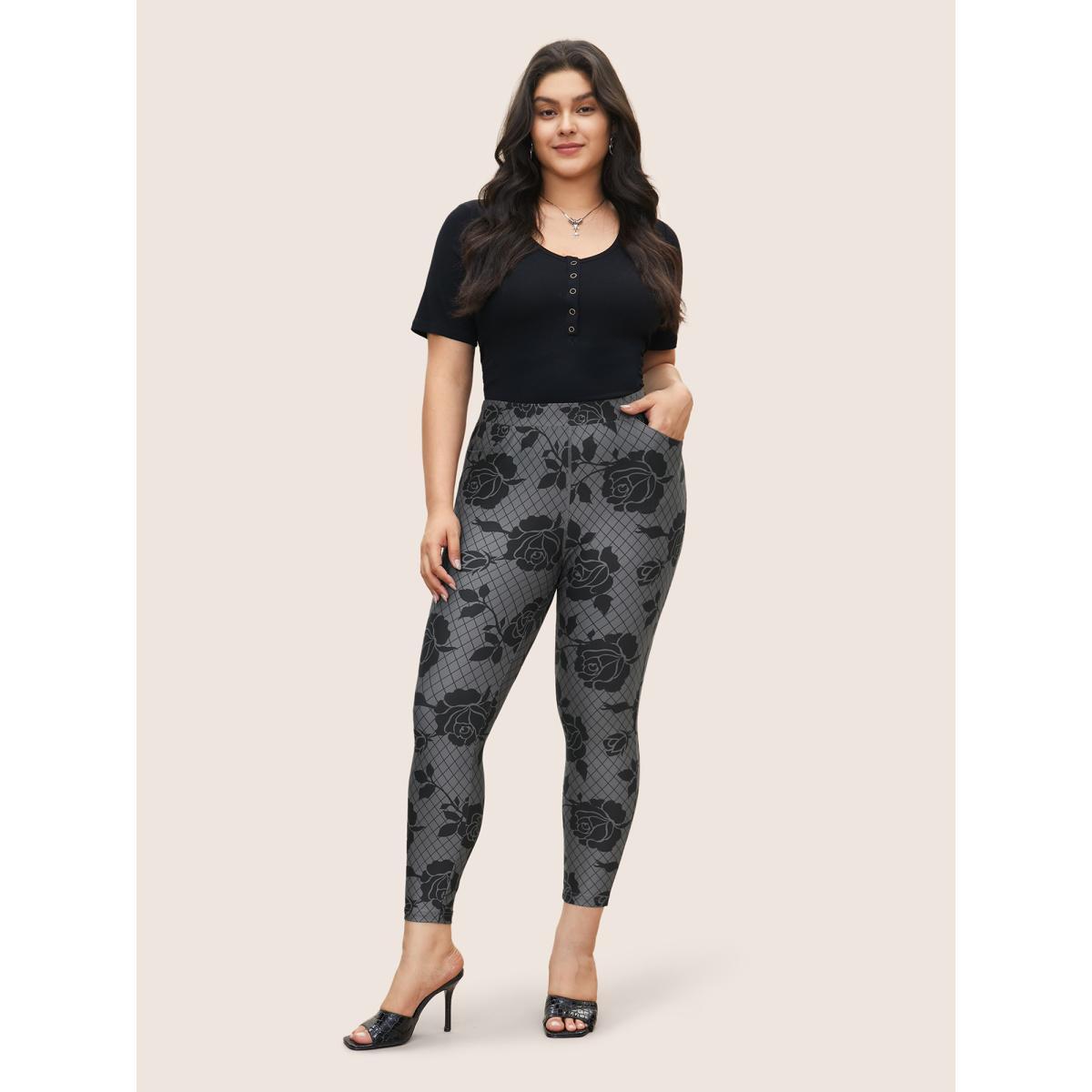 Plus Size Skinny Rose Print High Rise Leggings Women DimGray At the Office High stretch Skinny High Rise Work Leggings BloomChic 10/M Product Image