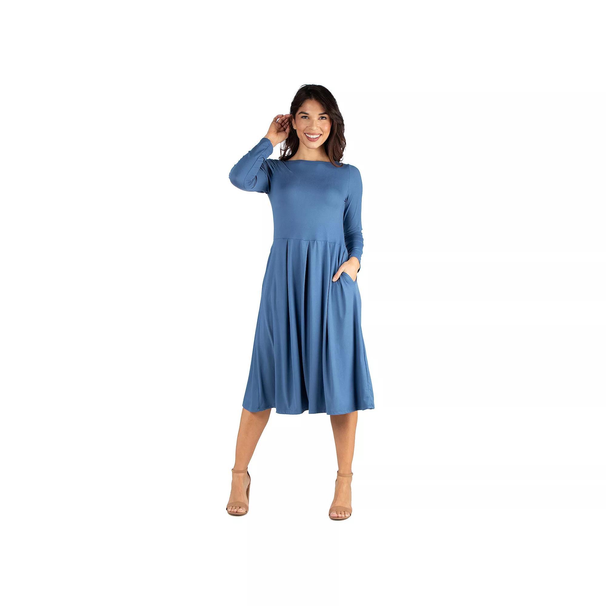 Women's 24Seven Comfort Apparel Long Sleeve Fit & Flare Dress with Pockets, Size: XL, Dark Blue Product Image