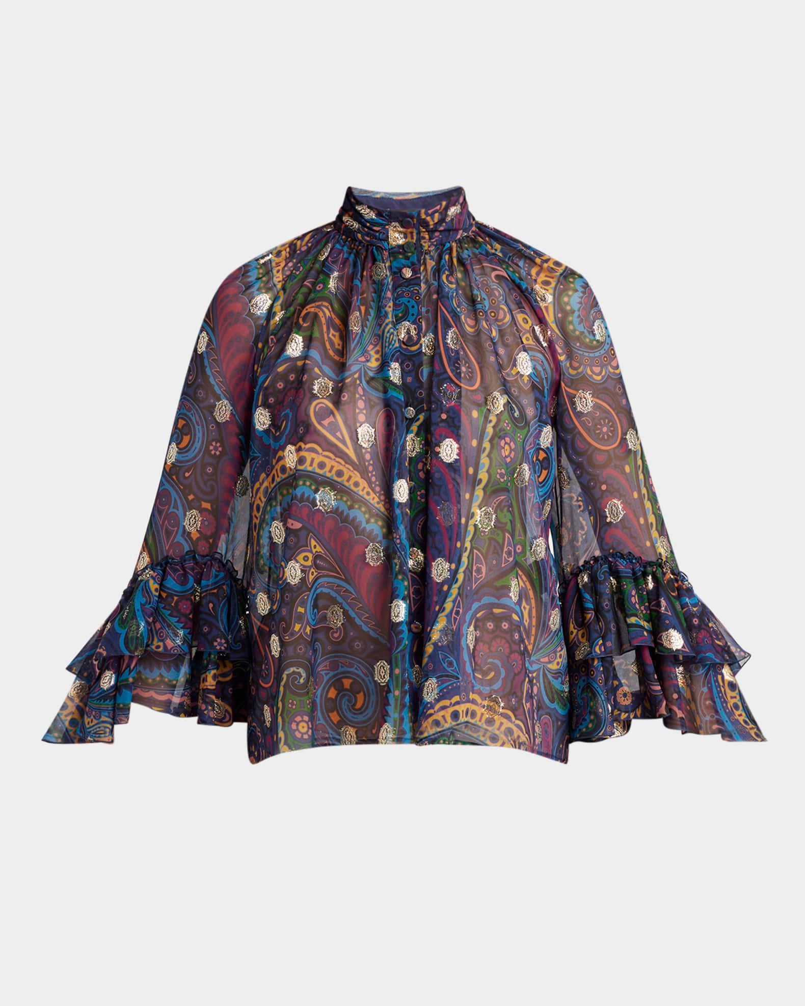Emerald Paisley Ruffle Fil Coupe Blouse Product Image